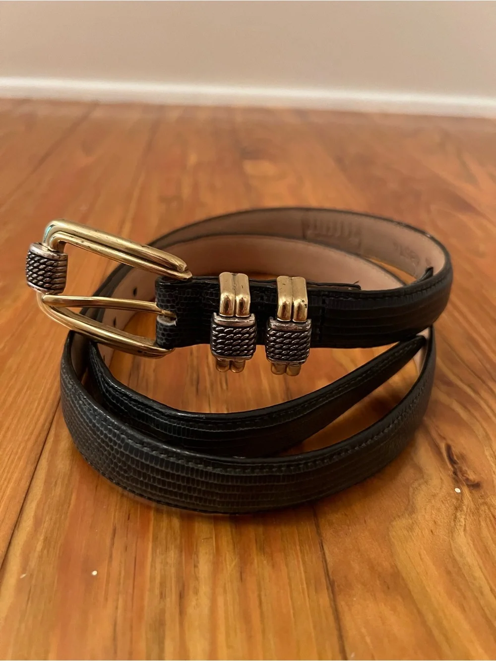 Women’s Brighton Vintage Blue Lizard Print Leather Belt Silver/Gold Metal Sz 34